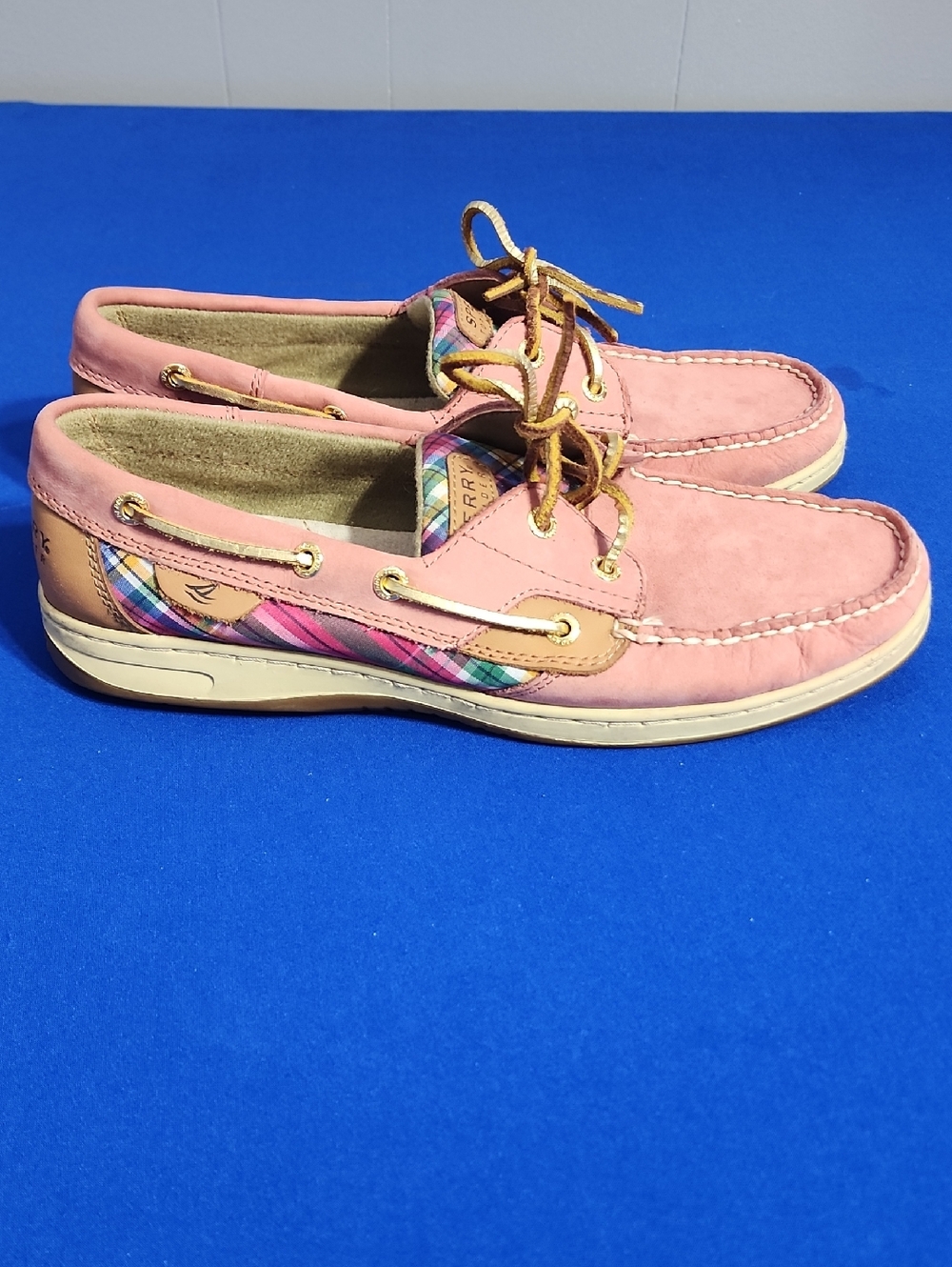 Sperry Pink Suede Plaid-Trim Boat Shoes